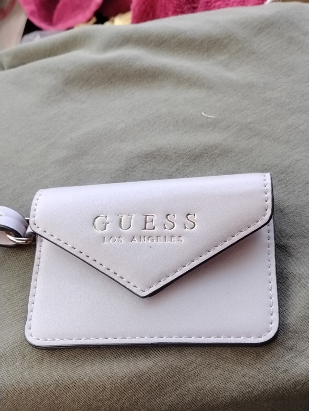 GUESS CREAM Envelope Card Holder Keychain with Silver Logo